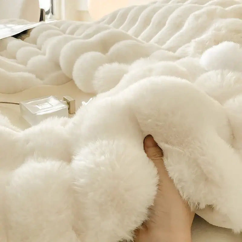 Cream plush rabbit fur bedding set – luxury bedroom duvet set