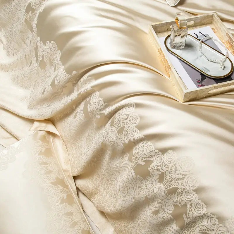 Cream satin jacquard egyptian cotton bedding set for bedroom