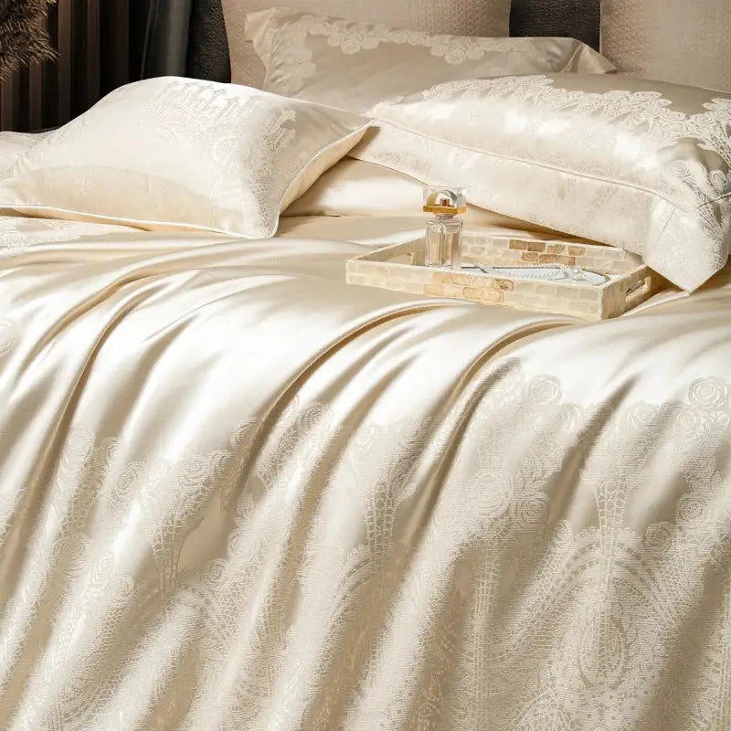 Cream satin jacquard egyptian cotton bedding set for bedroom
