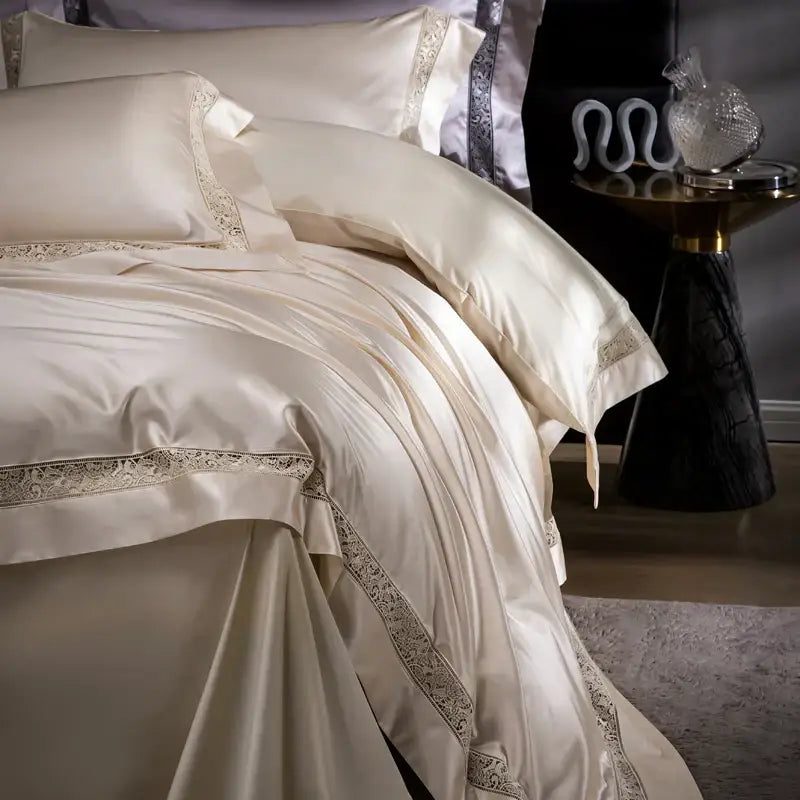 Cream & silver damask lyocell cotton bedding set bedroom lace trim