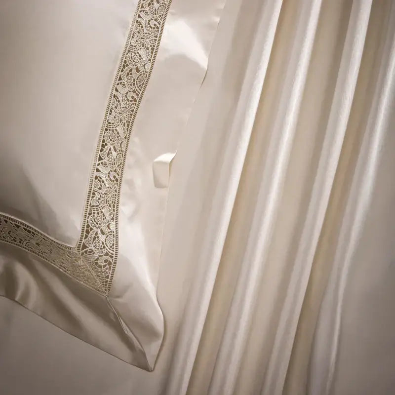 Cream & silver damask lyocell cotton bedding set bedroom lace trim