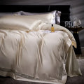Cream & silver damask lyocell cotton bedding set bedroom lace trim