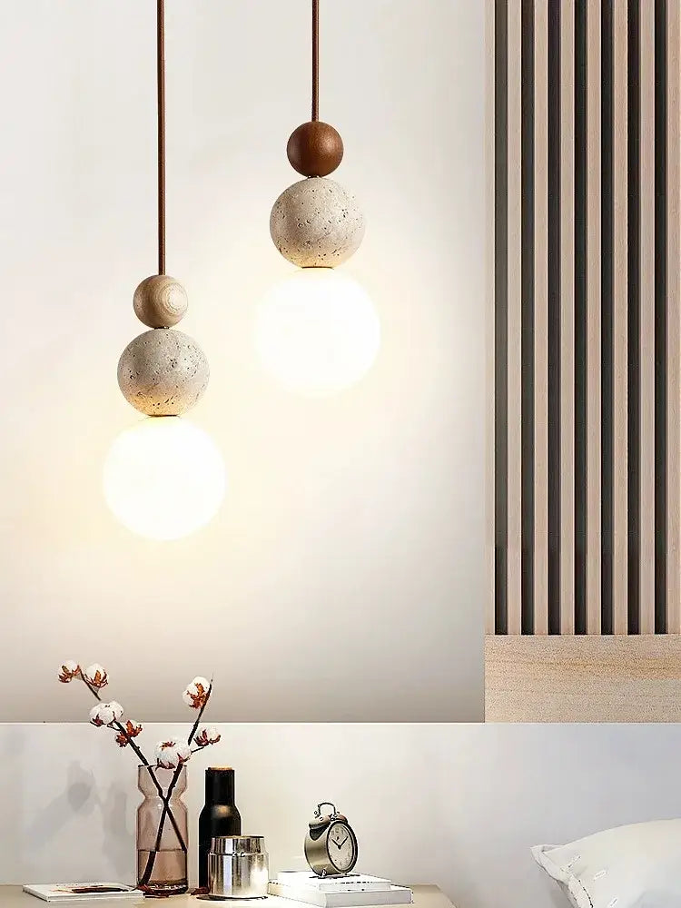 Cream style led pendant lamp stone and wood bedroom light