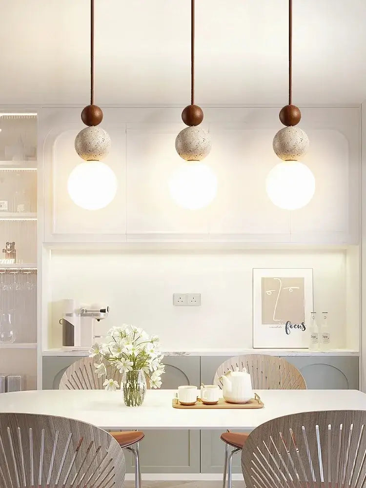 Cream style led pendant lamp stone and wood bedroom light