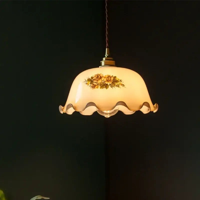 Cream vintage brass floral glass pendant light for dining room
