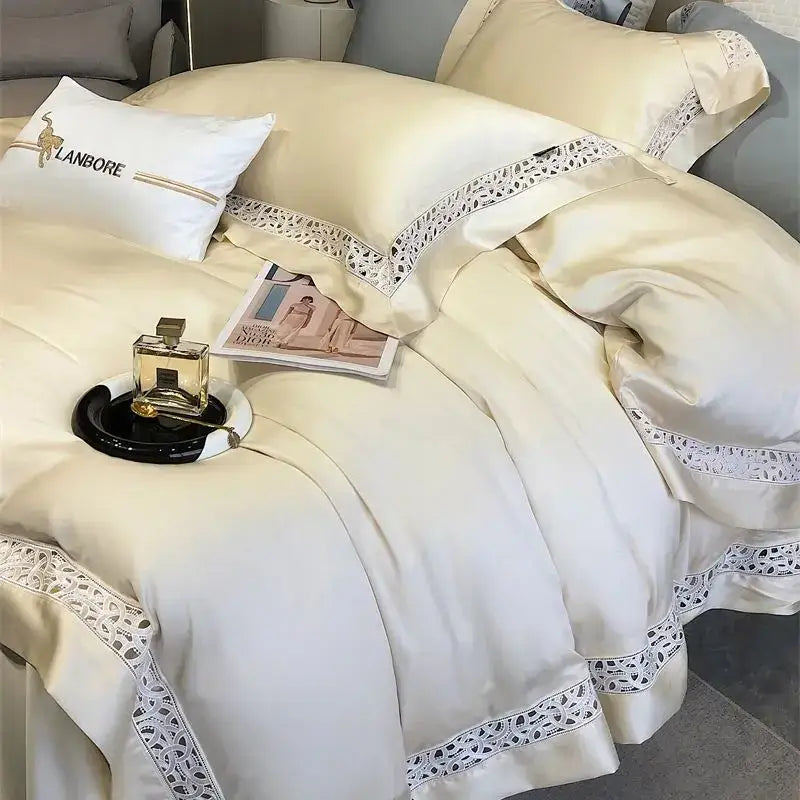 Cream & white lace eucalyptus fiber bedding set bedroom luxury soft
