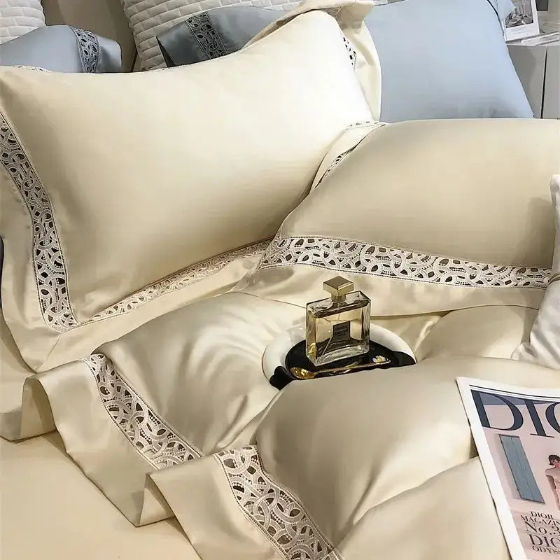 Cream & white lace eucalyptus fiber bedding set bedroom luxury soft