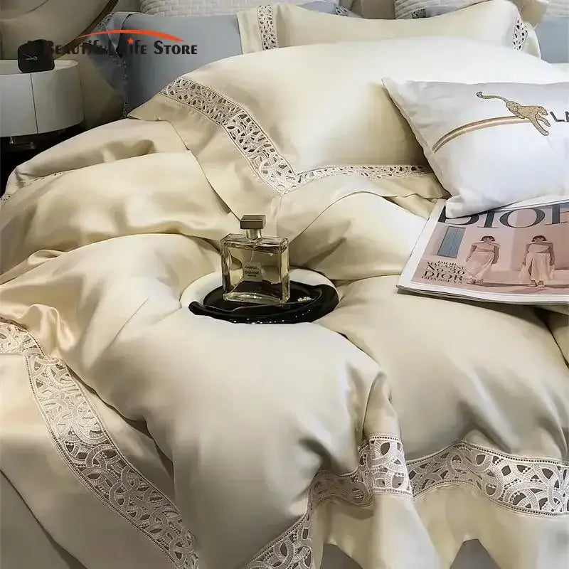 Cream & white lace eucalyptus fiber bedding set bedroom luxury soft