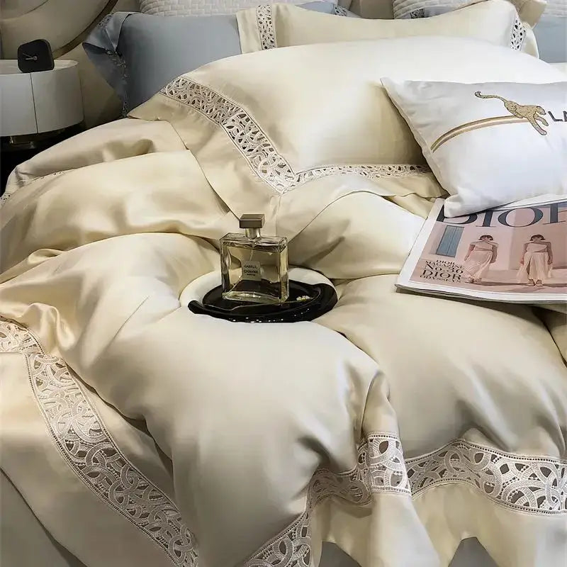 Cream & white lace eucalyptus fiber bedding set bedroom luxury soft