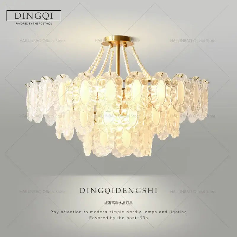 Cream wind crystal chandelier gold living room pendant light