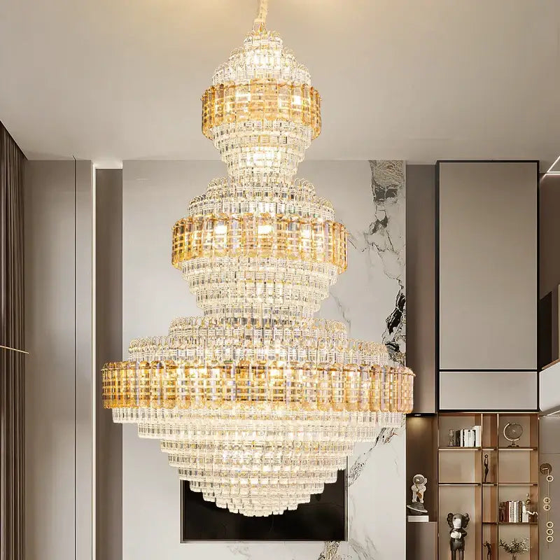 Crystal duplex chandelier gold tiered light for hotel lobby