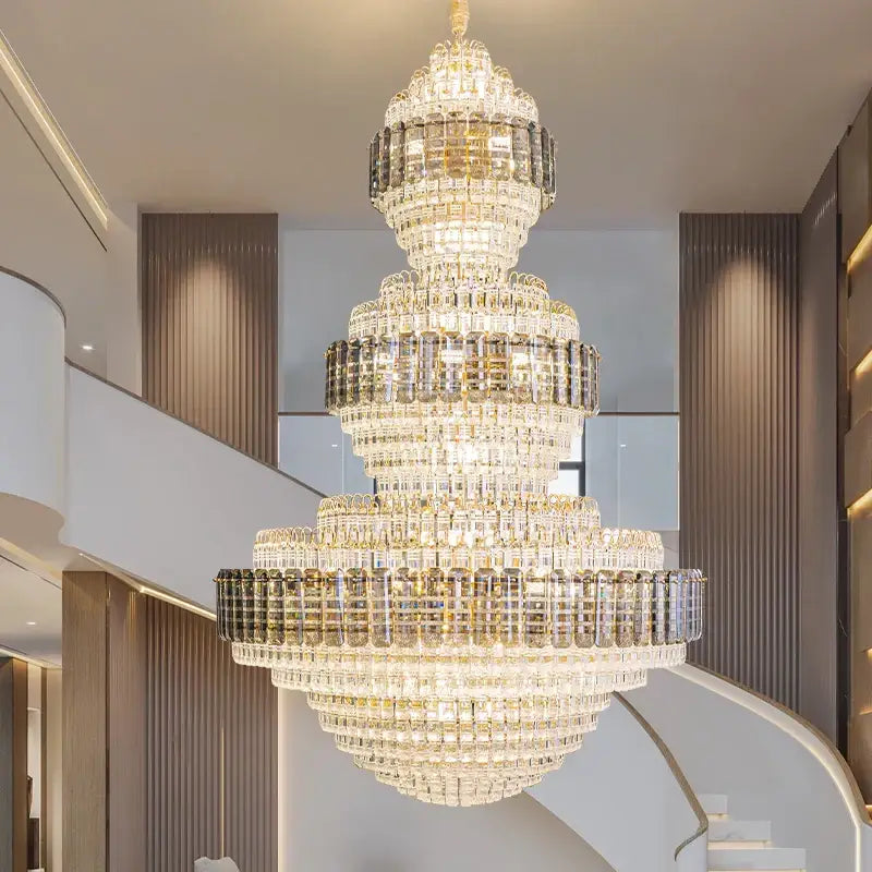 Crystal duplex chandelier gold tiered light for hotel lobby