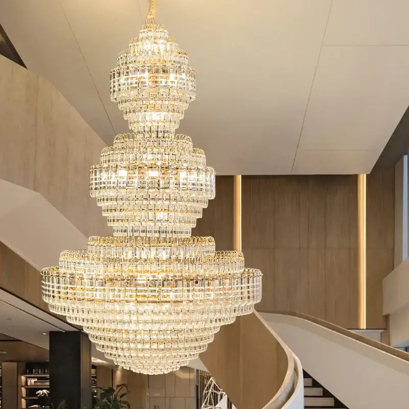 Crystal duplex chandelier gold tiered light for hotel lobby
