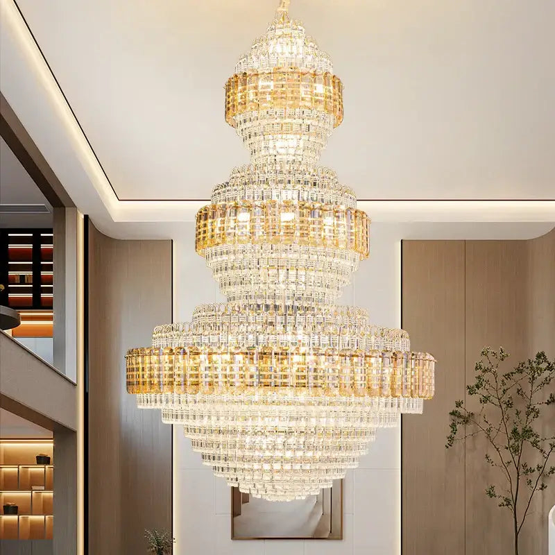 Crystal duplex chandelier gold tiered light for hotel lobby