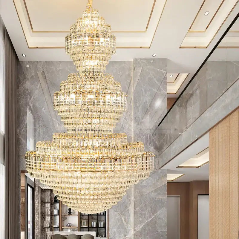 Crystal duplex chandelier gold tiered light for hotel lobby