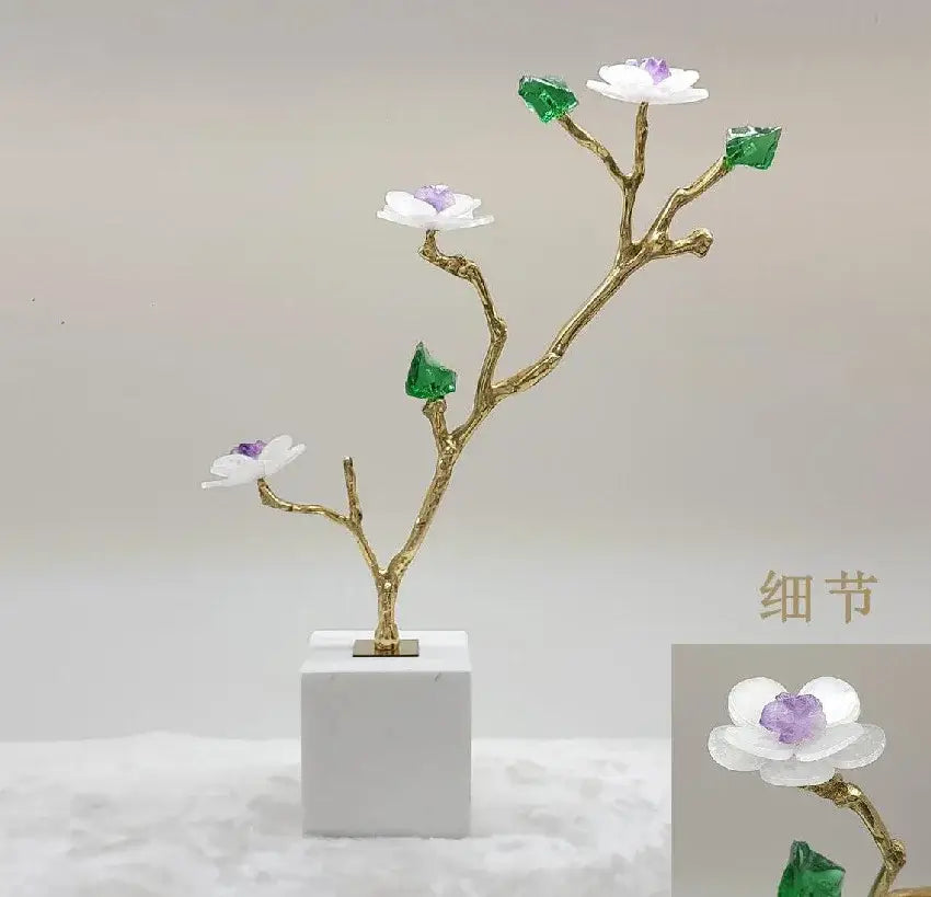 Crystal flower tree sculpture with white marble base living room decor