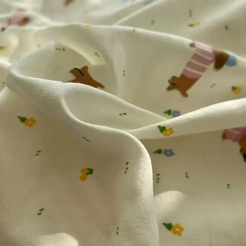 Cute cartoon washed cotton bedding set cream & blue bedroom sheets