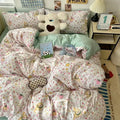 Cute cartoon washed cotton bedding set cream & blue bedroom sheets