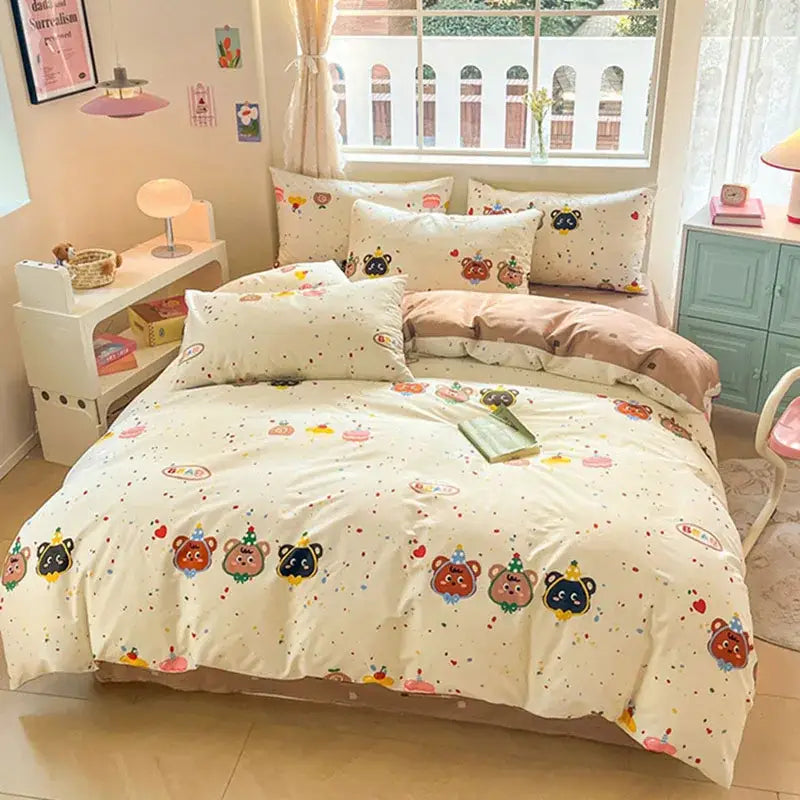 Cute pastel bear cotton bedding set bedroom floral print