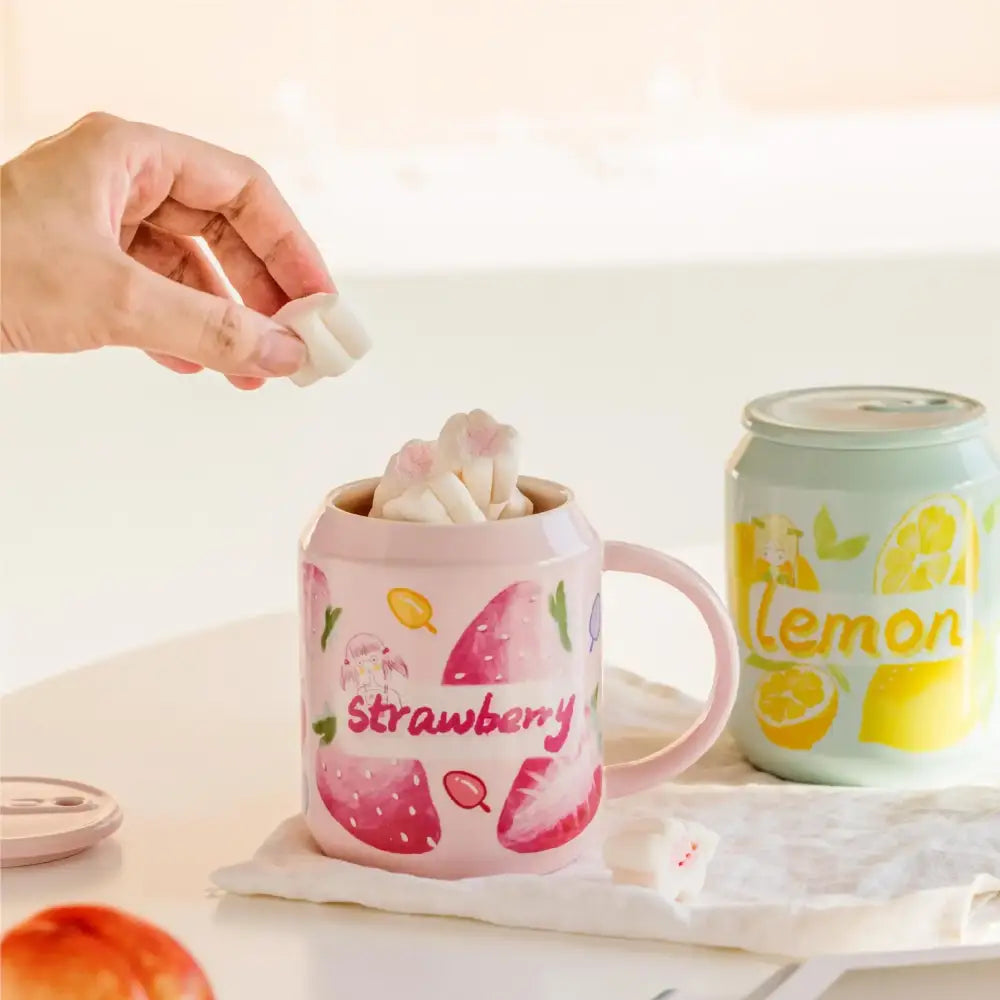 Cute pink strawberry fruit shape ceramic mug kitchen cup with lid