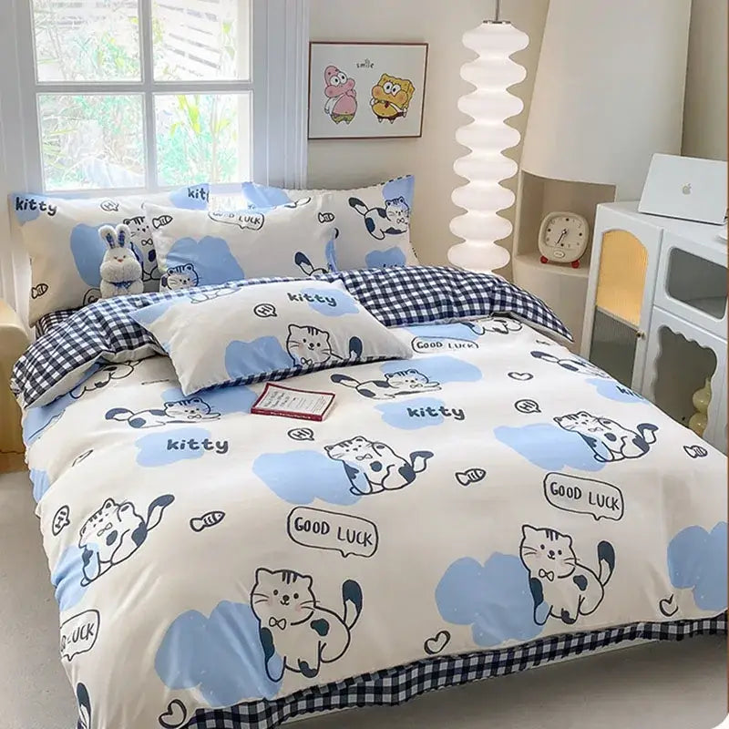 Cute printed cotton duvet cover cream & navy bedroom bedding set