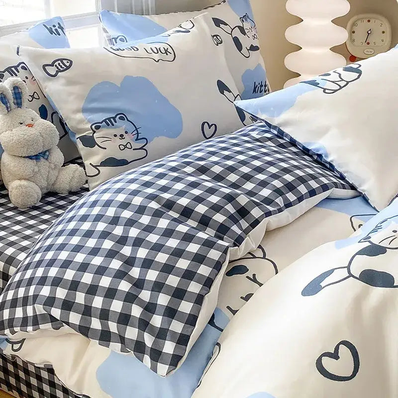 Cute printed cotton duvet cover cream & navy bedroom bedding set