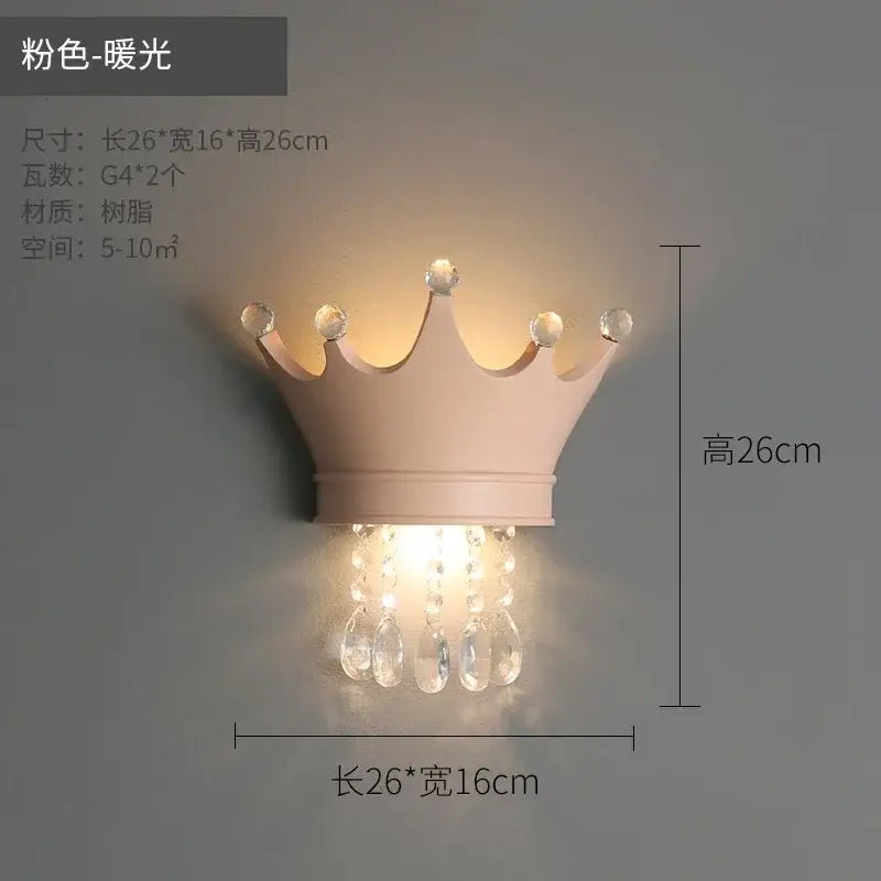 Cute resin crystal pink crown wall sconce bedroom light