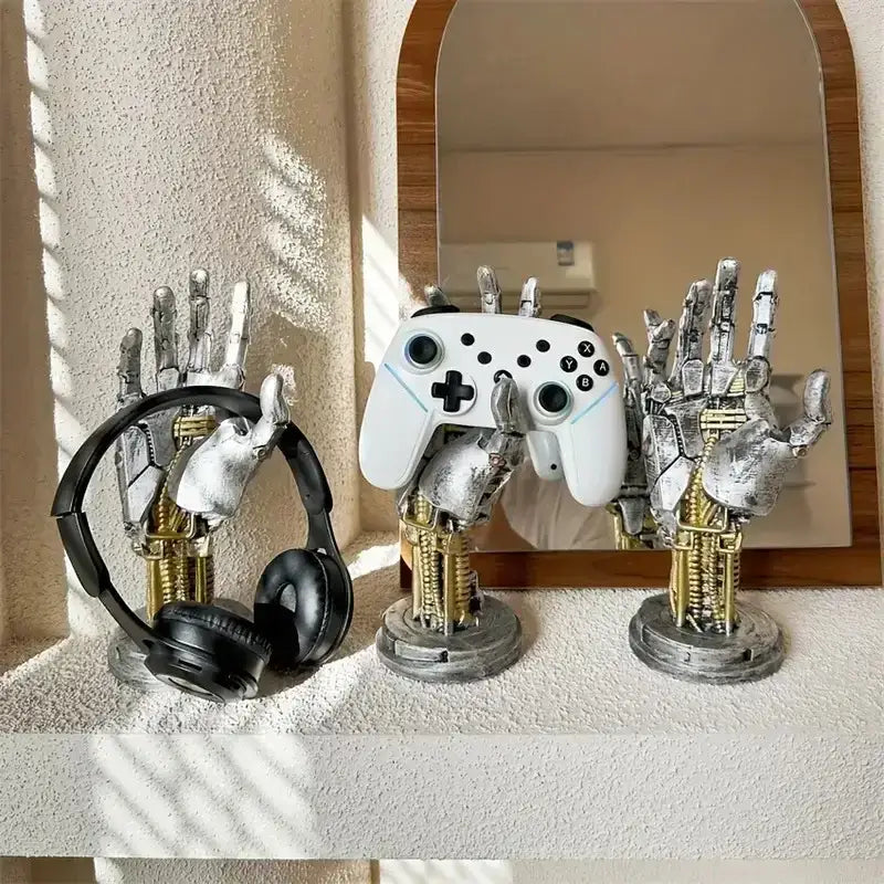 Cyberpunk silver & gold mechanical arm desktop stand gaming decor