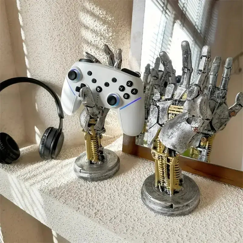 Cyberpunk silver & gold mechanical arm desktop stand gaming decor