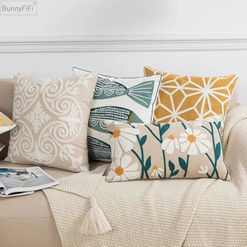 Daisy floral embroidered beige pillow cover bedroom decor