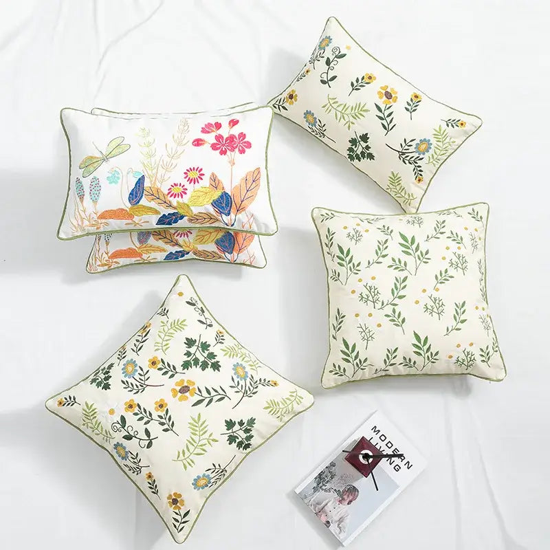 Daisy floral embroidery cream cushion cover living room pillow