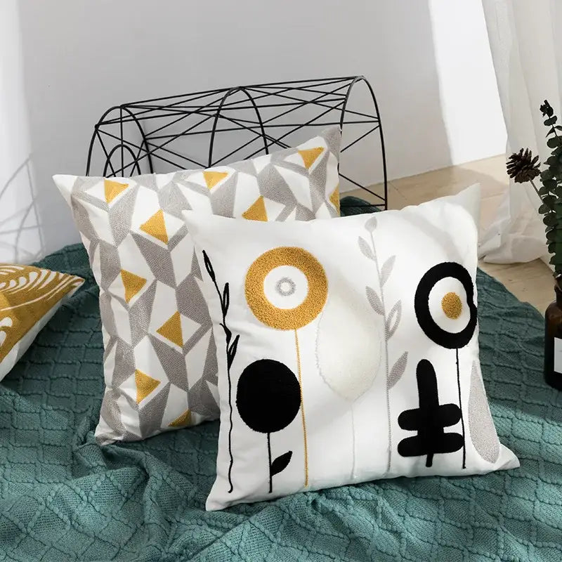 Daisy floral geometric embroidery pillowcase for living room decor