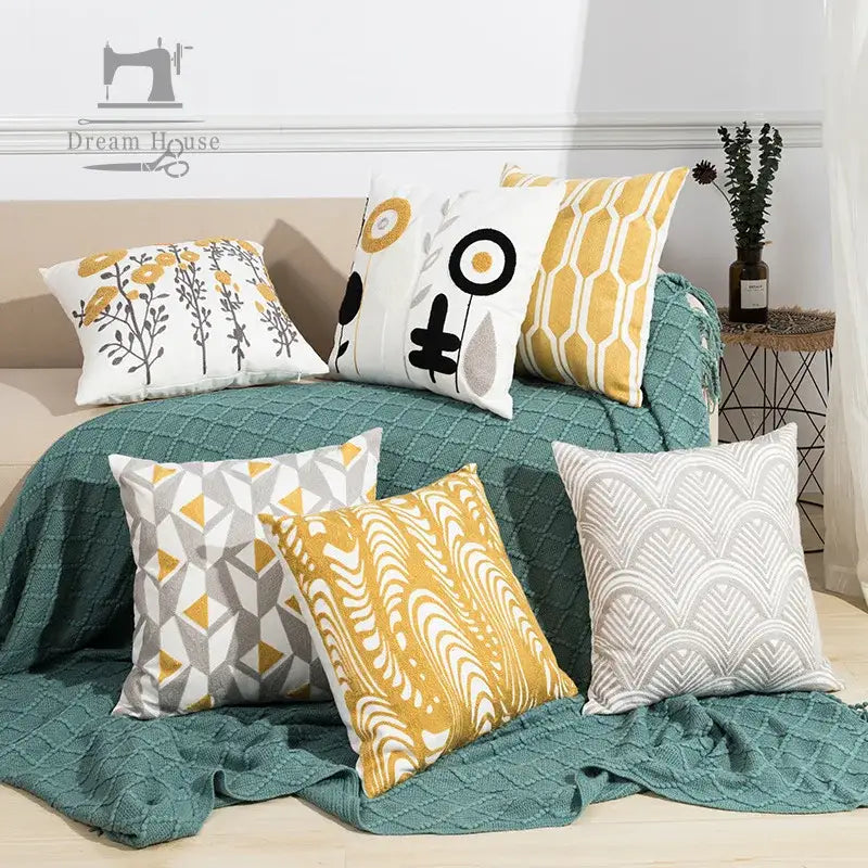 Daisy floral geometric embroidery pillowcase for living room decor