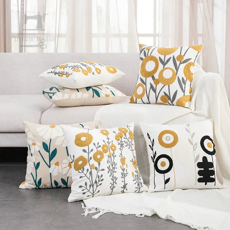 Daisy floral geometric embroidery pillowcase for living room decor