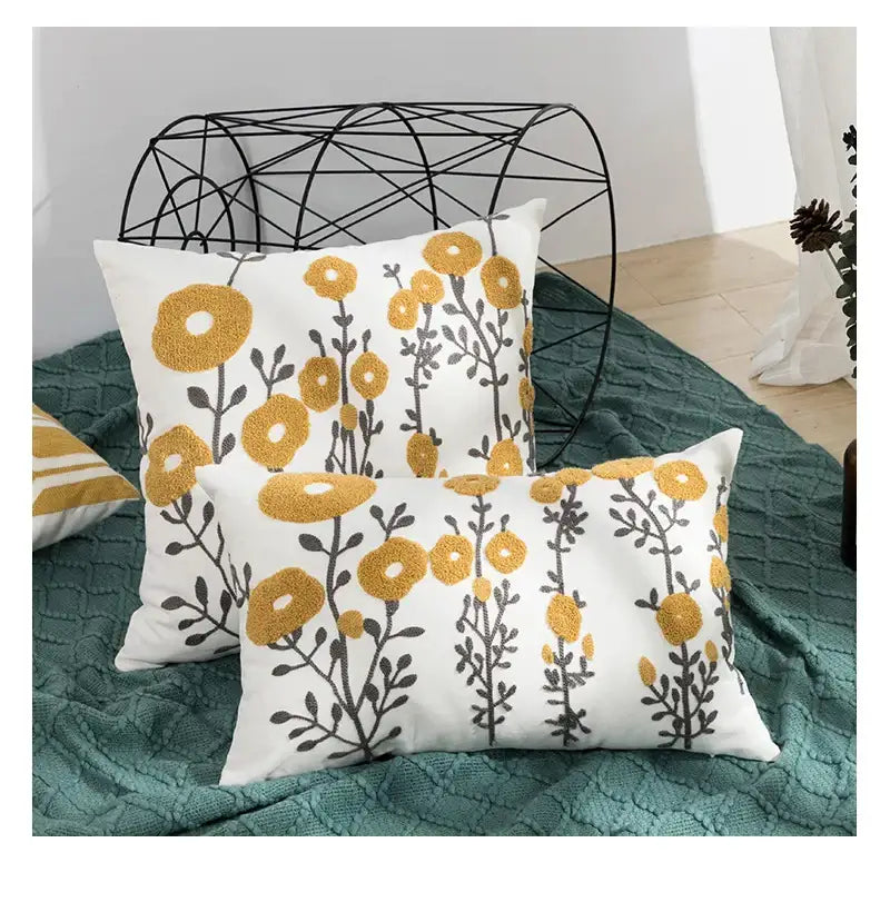 Daisy floral geometric embroidery pillowcase for living room decor
