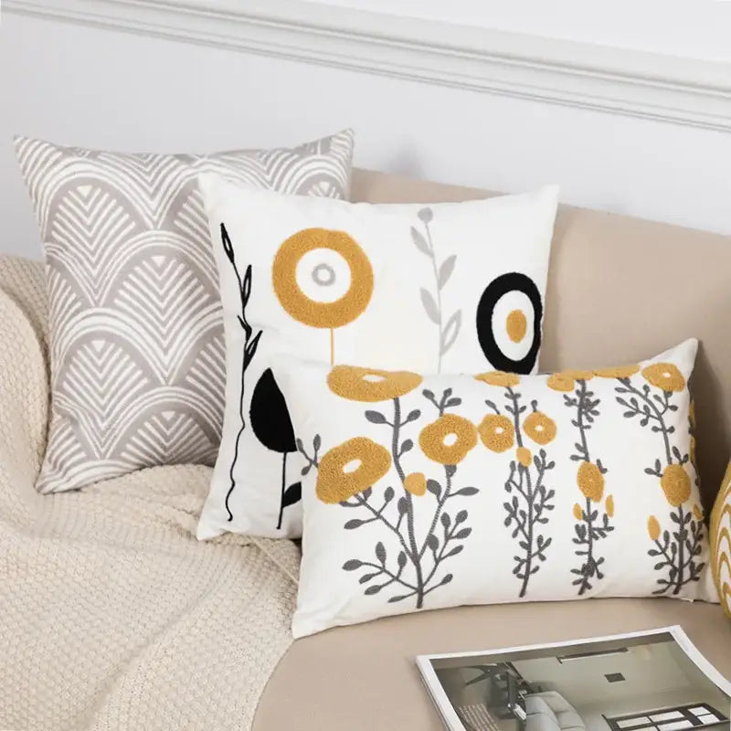 Daisy floral geometric embroidery pillowcase for living room decor