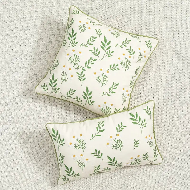 Daisy floral green leaves embroidery cushion cover living room
