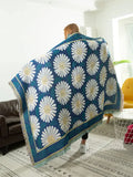 Daisy flower knitted blanket navy & white living room throw