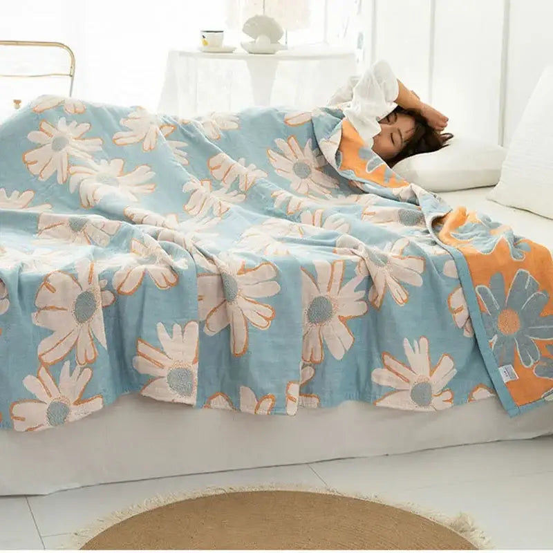 Daisy pattern light blue double cotton blanket bedroom bed cover