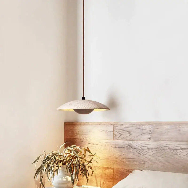 Danish cream stone and wood pendant lamp for bedroom