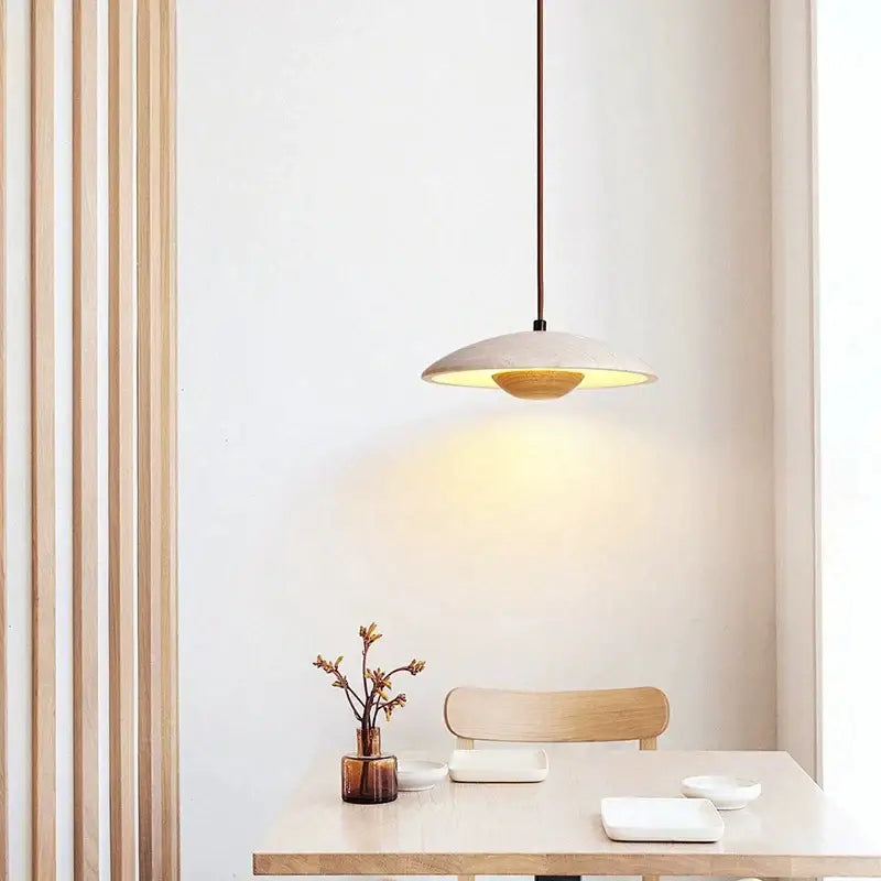 Danish cream stone and wood pendant lamp for bedroom