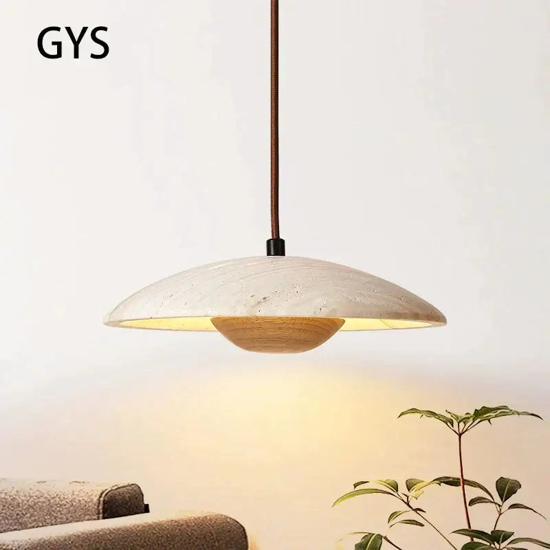 Danish cream stone and wood pendant lamp for bedroom