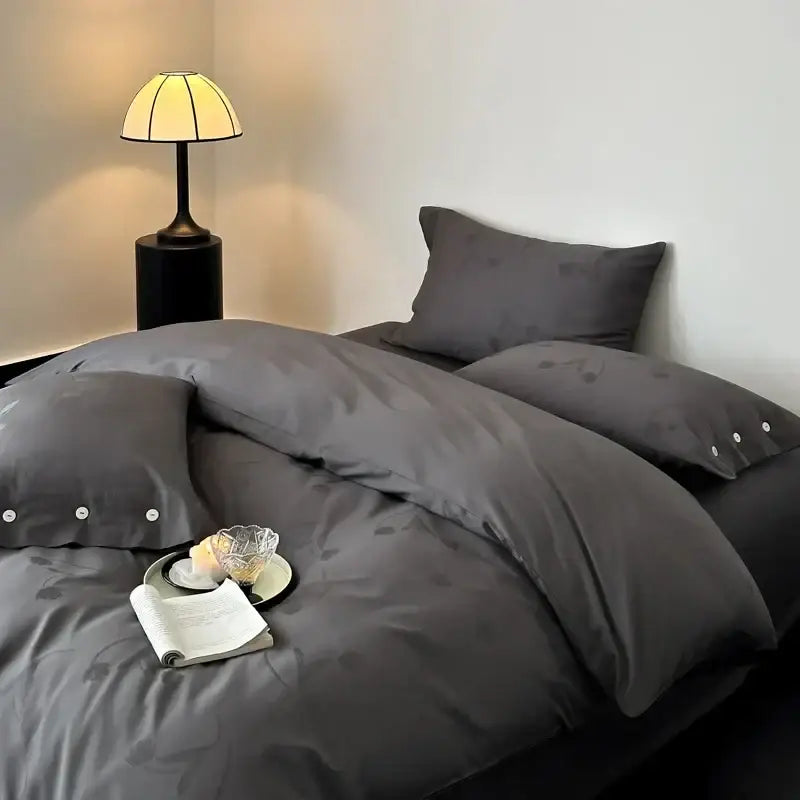 Dark gray egyptian cotton bedding set bedroom floral embroidery