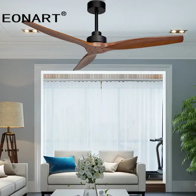 Black & white wood ceiling fan with led light & remote – living room