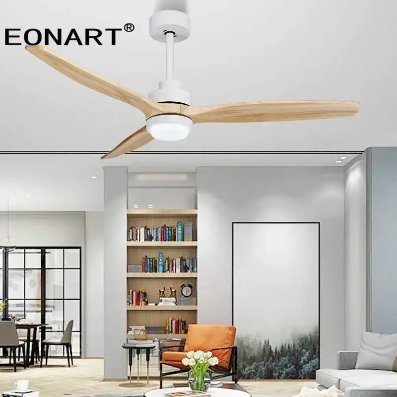 Black & white wood ceiling fan with led light & remote – living room