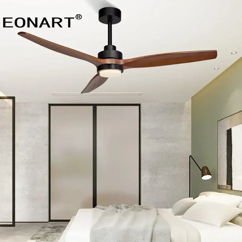 Black & white wood ceiling fan with led light & remote – living room