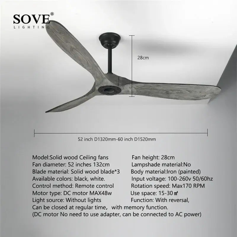 Vintage wood ceiling fan with remote control living room 60 inch