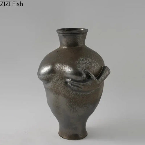 Abstract art ceramic vase sculpted cream hands bedroom decor