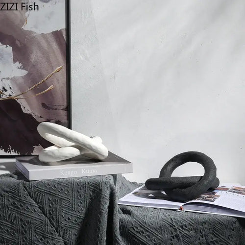 Abstract white & black ceramic knot sculpture living room decor