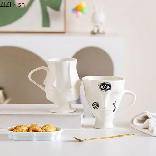 Abstract face white ceramic mug dining room geometric teacup